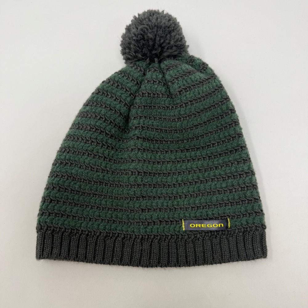 Vtg Nike Oregon Ducks Green Grey Striped Pom Beanie Wool Alpaca Knit Hat OSFM